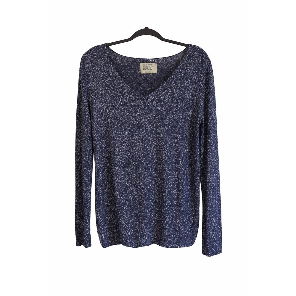 Free People Free for Humanity Metallic Navy Silver V Neck Top L Made in Italy